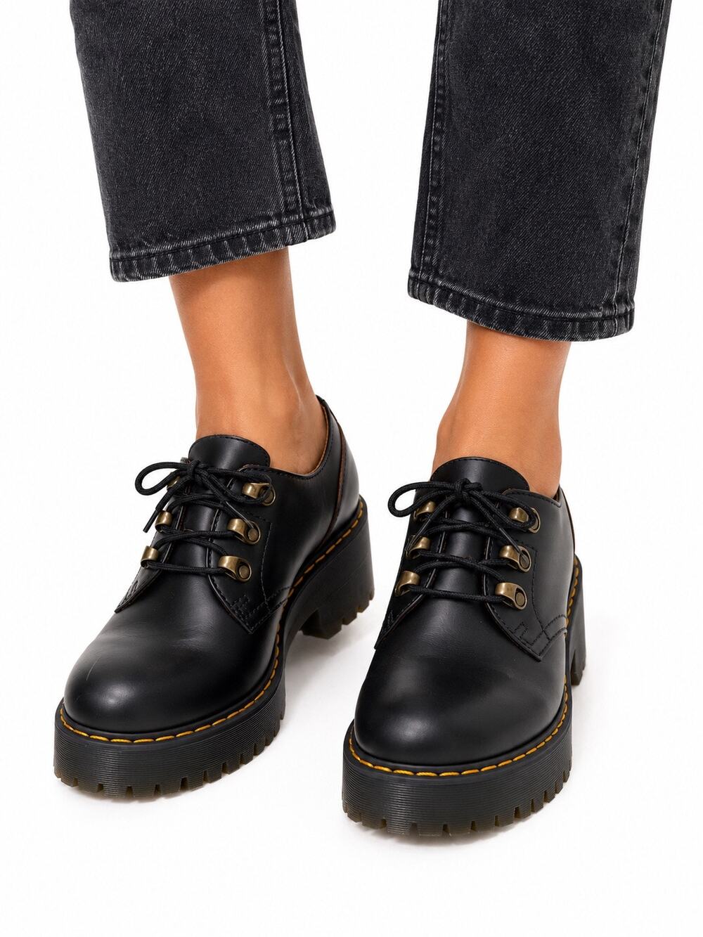 Dr. Martens Black Leather Chunky Lug Sole Lace Up Oxford Shoes Yellow Stitch